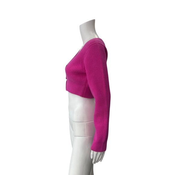 Alexander Wang Neon Pink Knit Ribbed Cropped Wool Cardigan Sweater Small - Picture 6 of 8